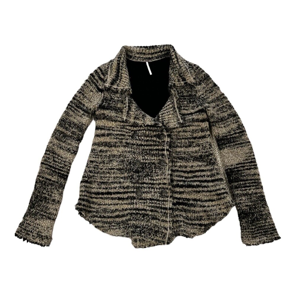 Free People Zebra Stripe Boucle Knit Double Breasted Sweater Jacket Size Small